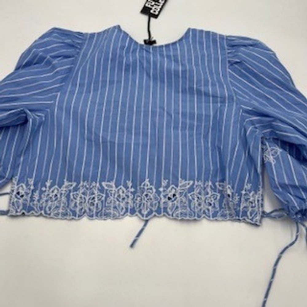 Future Collective Blue White Striped Embroidered Eyelet Tie Front Blouse Large - Picture 7 of 9